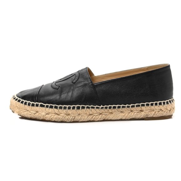 Chanel CC Espadrilles Flat Loafers Sz 40 Lambskin Leather Black - Picture 2 of 16